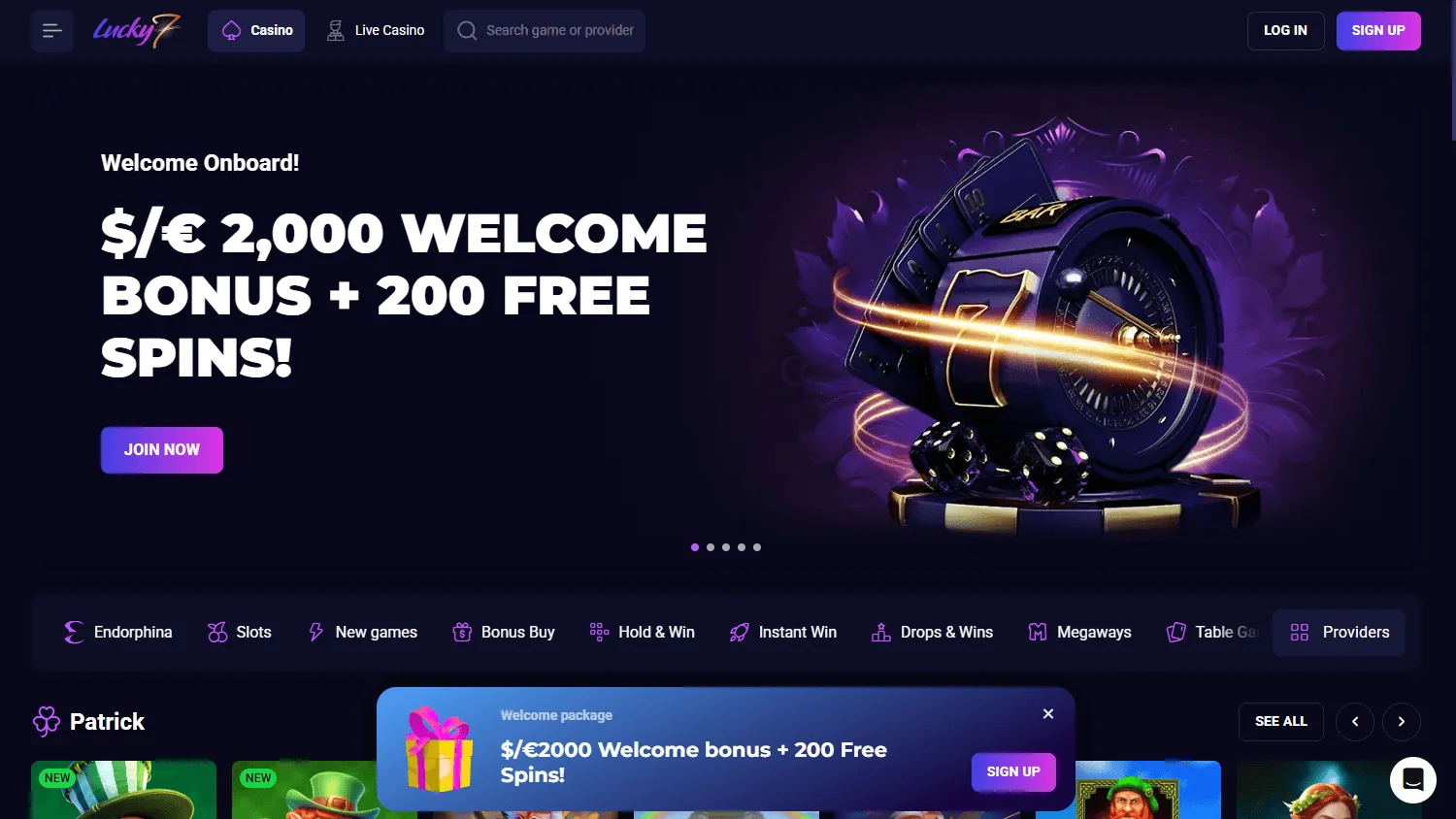 Lucky7even Casino home screen on desktop