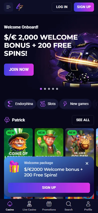 Lucky7even Casino home screen on mobile