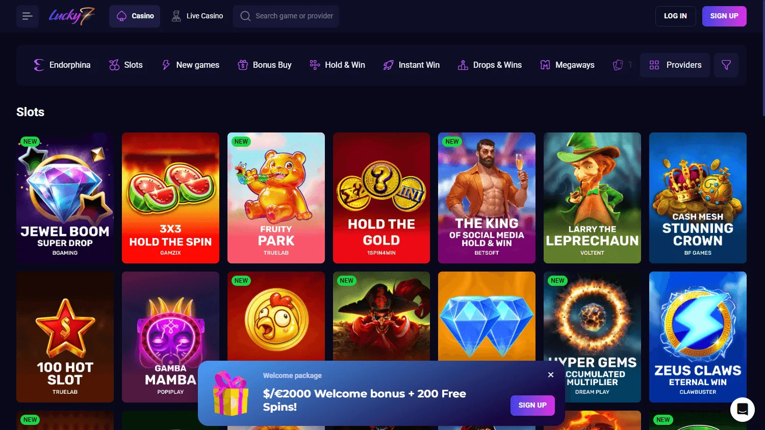 Lucky7even Casino games lobby on desktop