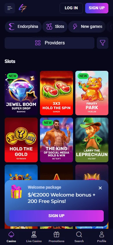 Lucky7even Casino games lobby on mobile