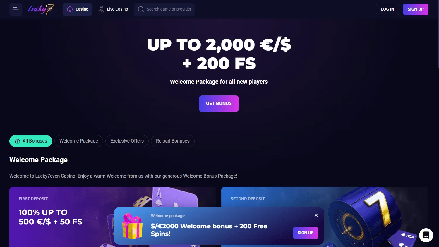 Lucky7even Casino promotions area on desktop