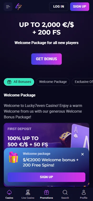 Lucky7even Casino promotions area on mobile